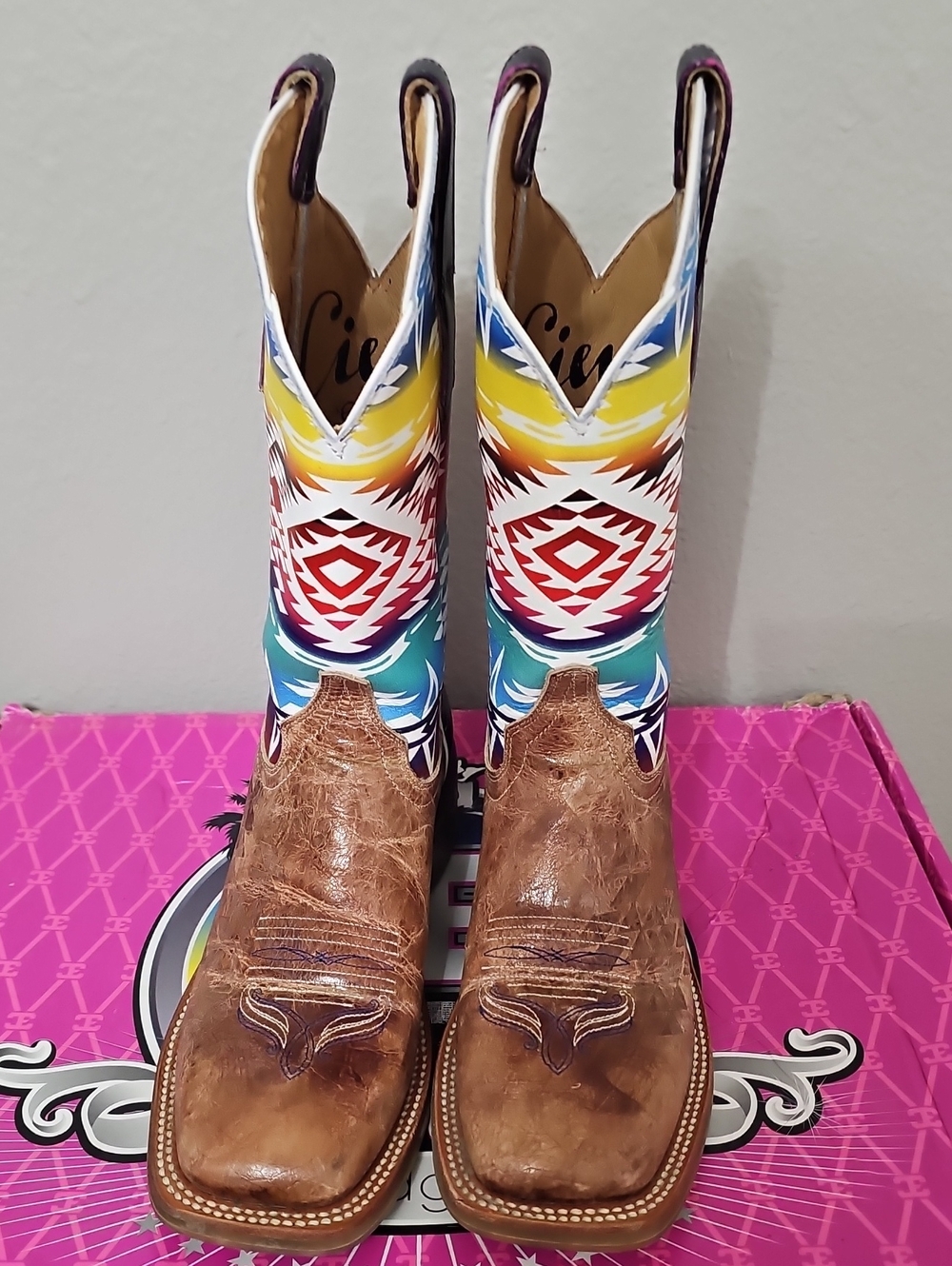 Cinch Brown Leather Boot with Multicolor Aztec Shaft